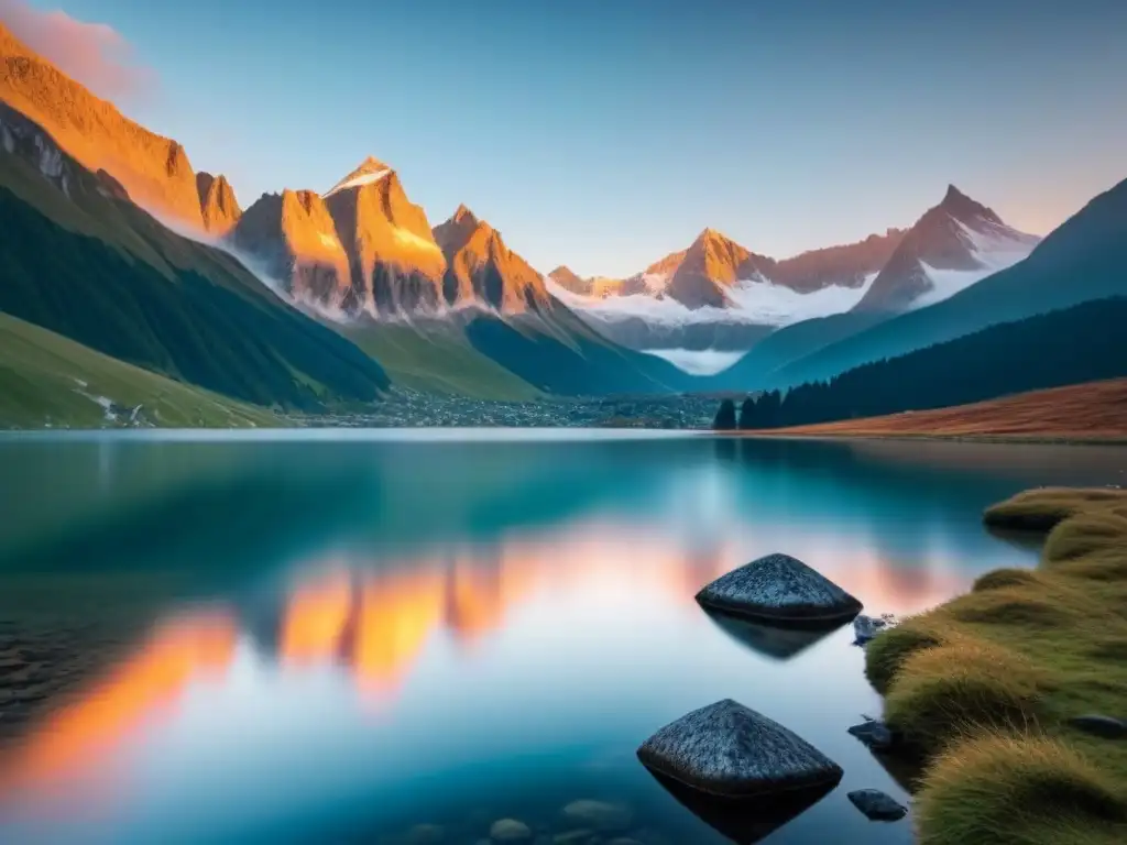 Paisaje sereno de montaña en los Alpes al amanecer, con un lago cristalino reflejando picos nevados