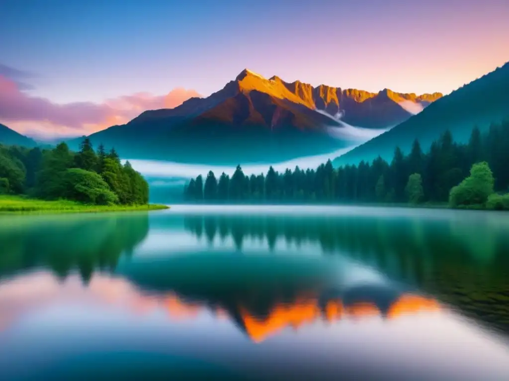 Un paisaje sereno con un lago cristalino reflejando un atardecer, rodeado de bosques verdes y montañas nevadas