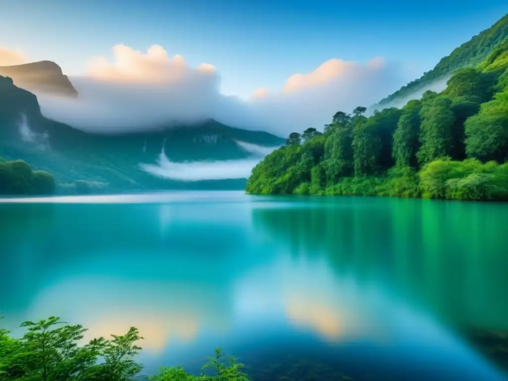 Paisaje sereno de un lago rodeado de exuberantes bosques verdes, reflejando el cielo azul