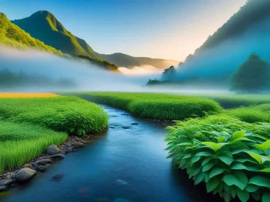 Un paisaje sereno y minimalista con un bosque exuberante, cielos azules y un arroyo, destacando la moda regenerativa y la vida sostenible