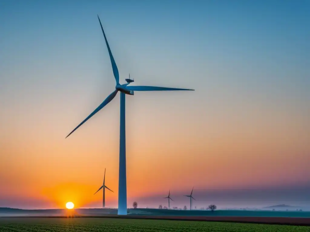 Un paisaje sereno y minimalista con una moderna turbina eólica, eficiencia y sostenibilidad, bajo un cielo azul