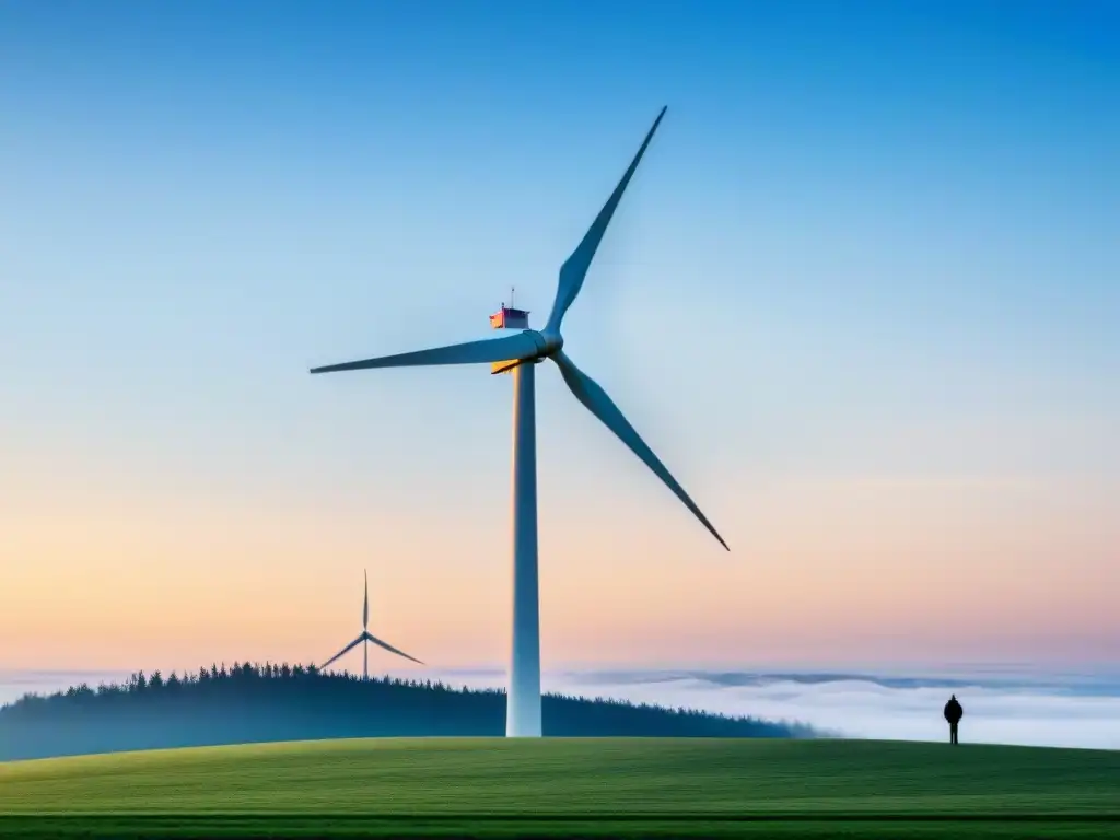 Un paisaje sereno y minimalista con una moderna turbina eólica en un cielo azul claro, mostrando la armonía entre energías renovables y naturaleza