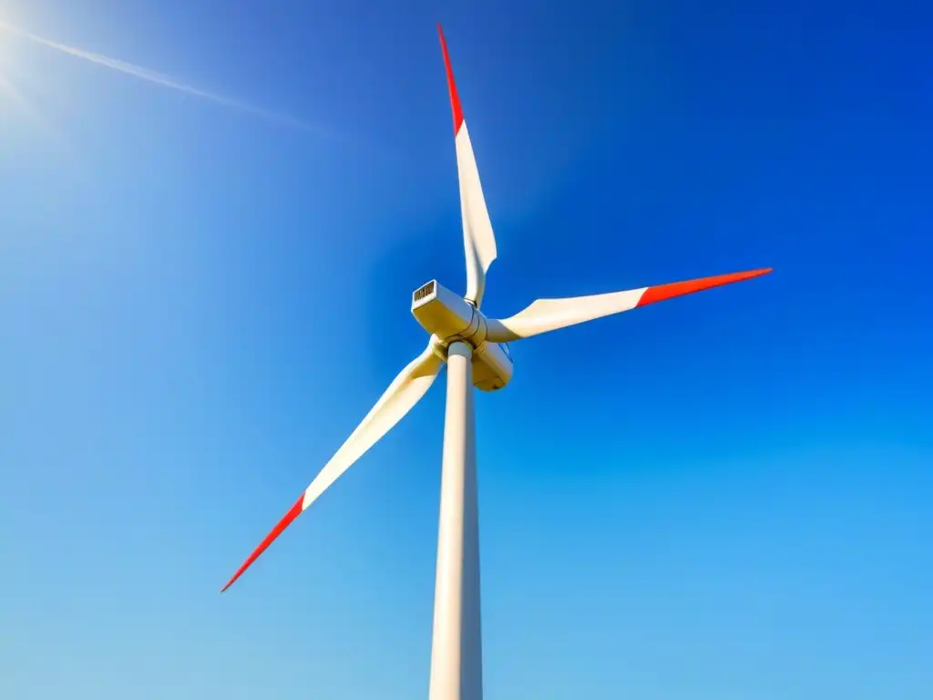 Un paisaje sereno y minimalista de una moderna turbina eólica destacando contra un cielo azul claro, con el sol brillando en el fondo