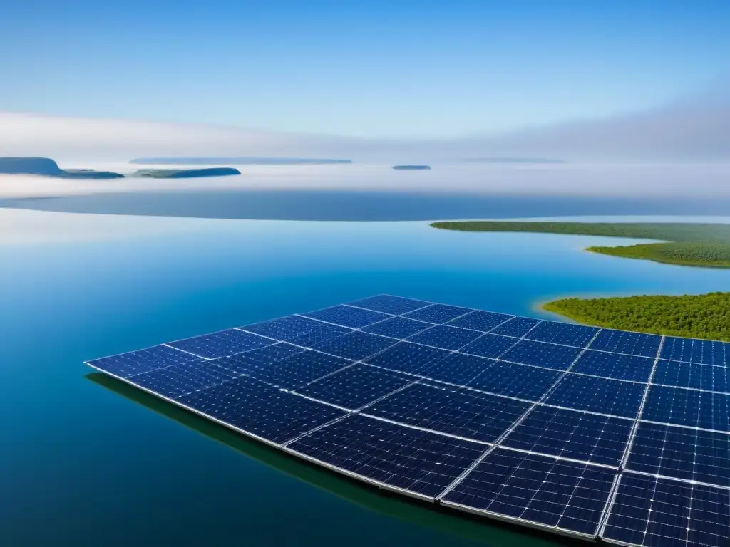 Un paisaje sereno y minimalista de un vasto lago bajo un cielo azul claro, con paneles solares flotantes sostenibles generando energía limpia