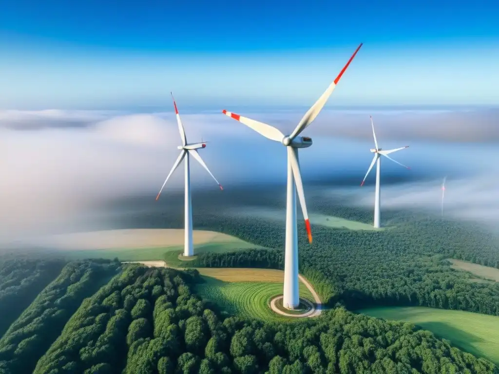 Un paisaje sereno donde una moderna turbina eólica destaca ante un bosque y cielo azul