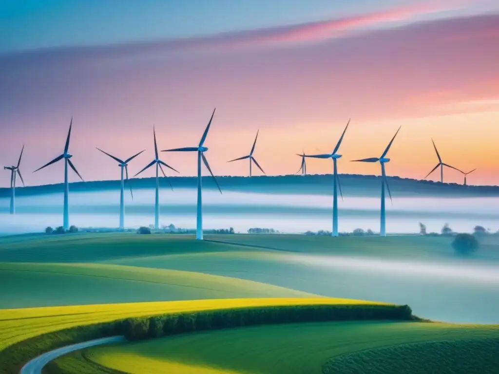 Paisaje sereno con modernos molinos de viento girando al atardecer, simbolizando la armonía entre tecnología y naturaleza