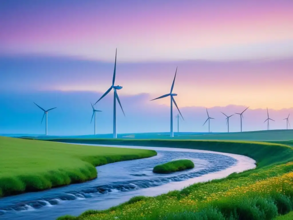 Paisaje sereno al amanecer con molinos de viento modernos, campo verde y flores silvestres