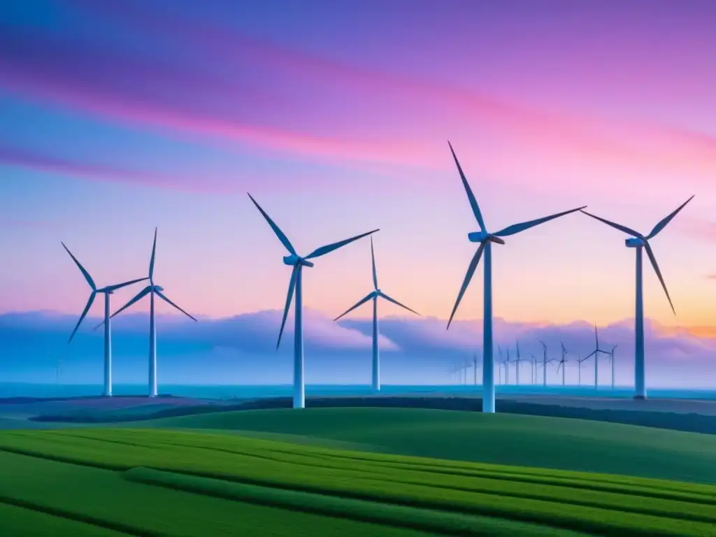 Un paisaje sereno de molinos de viento futuristas al atardecer