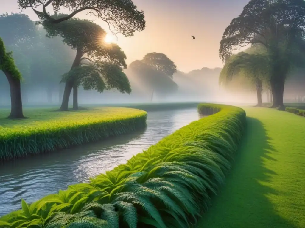 Un paisaje sereno en un parque al atardecer, con río, árboles altos, aves y una atmósfera de vida sostenible y belleza natural