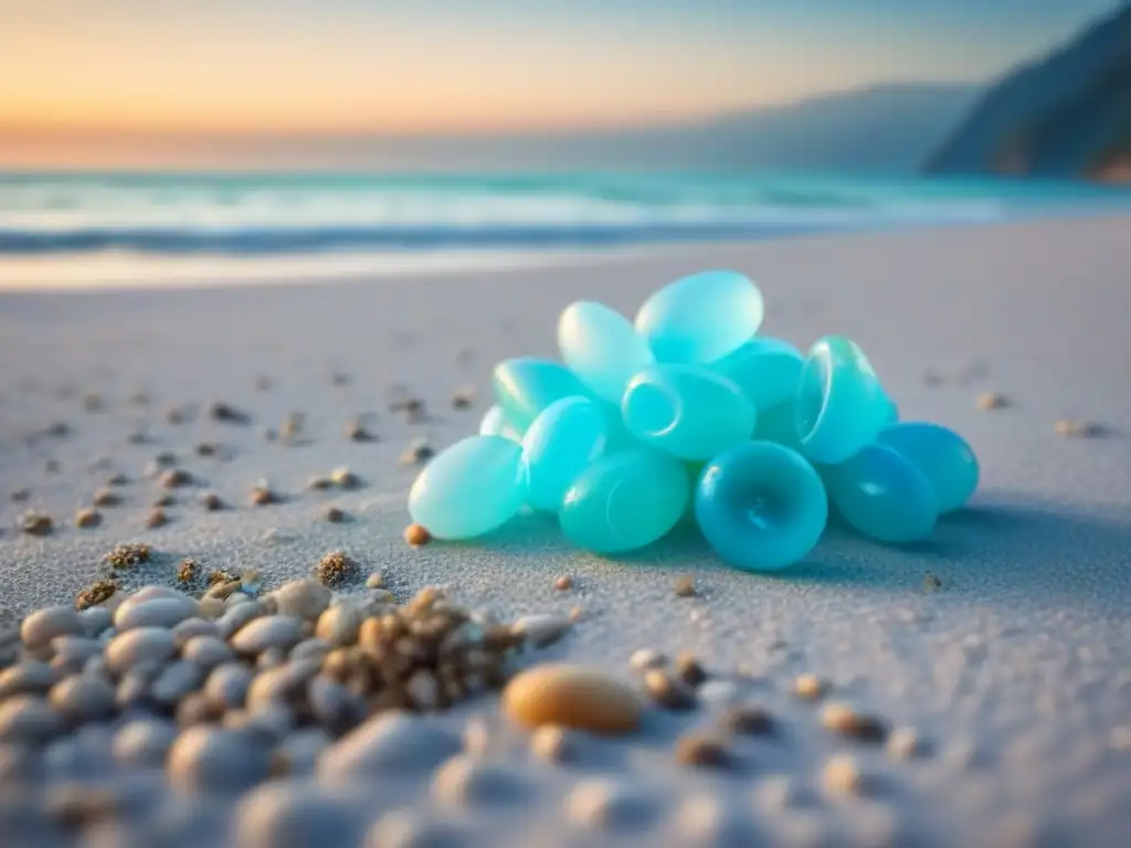 Un paisaje sereno de playa con aguas turquesas, donde una figura recoge residuos plásticos