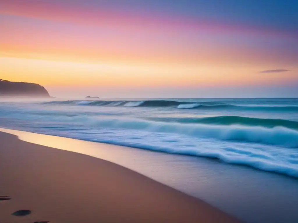 Paisaje sereno de playa al amanecer con olas suaves y cielo pastel, marcas bañadores sostenibles océanos