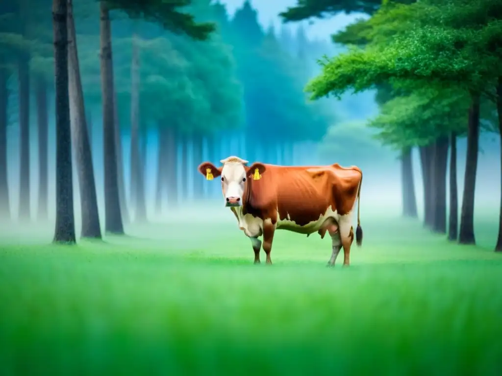 Paisaje sereno de una pradera verde con una vaca pastando bajo el cielo azul, rodeada de árboles altos