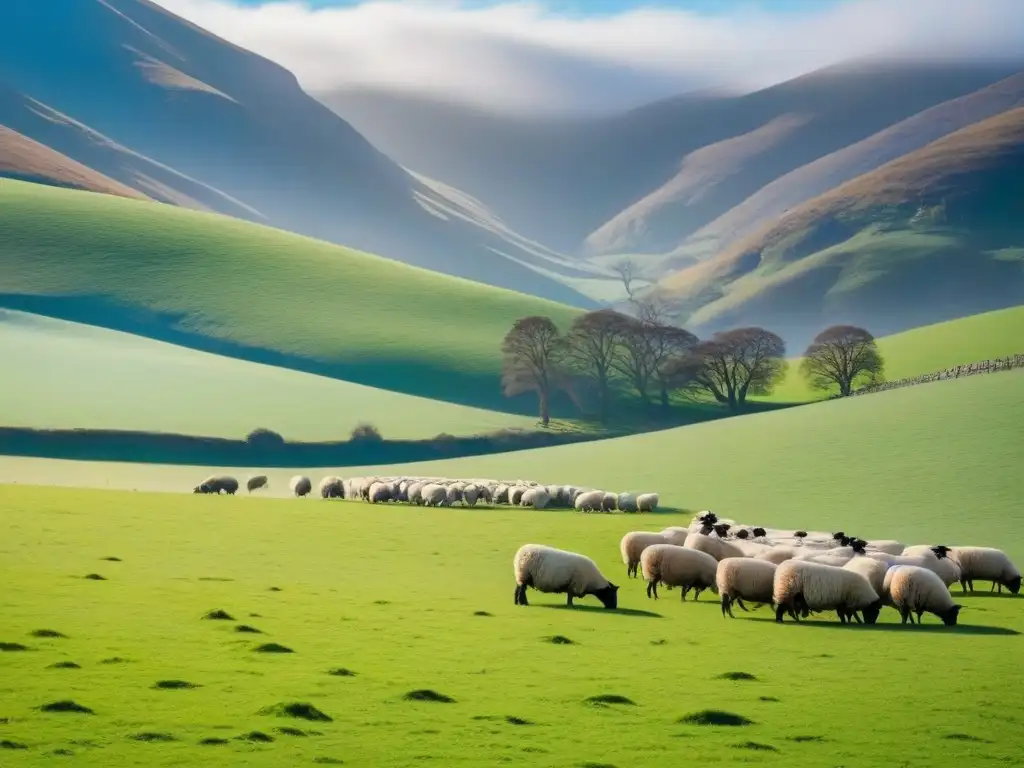 Un paisaje sereno de un prado verde exuberante bajo un cielo azul claro, con ovejas pacíficamente pastando