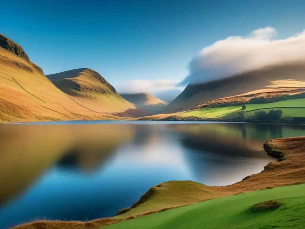 Paisaje sereno de las Tierras Altas de Escocia con colinas verdes y un lago tranquilo bajo un cielo azul