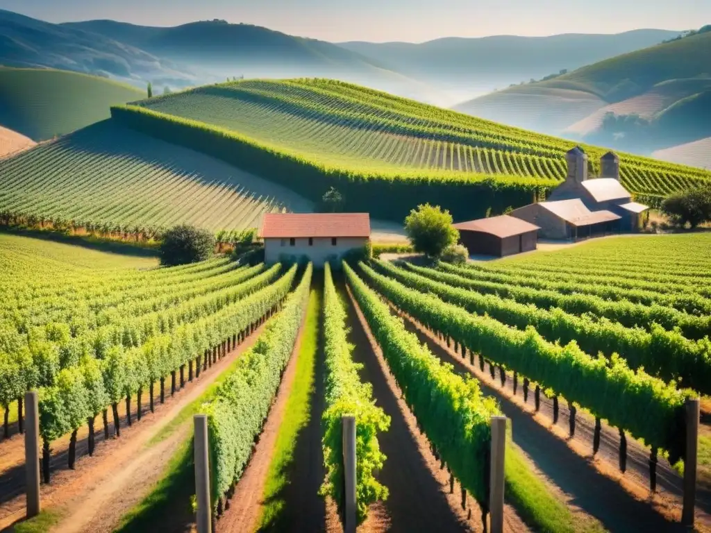 Paisaje sereno de viñedos en colinas, bodega sostenible en armonía con la naturaleza