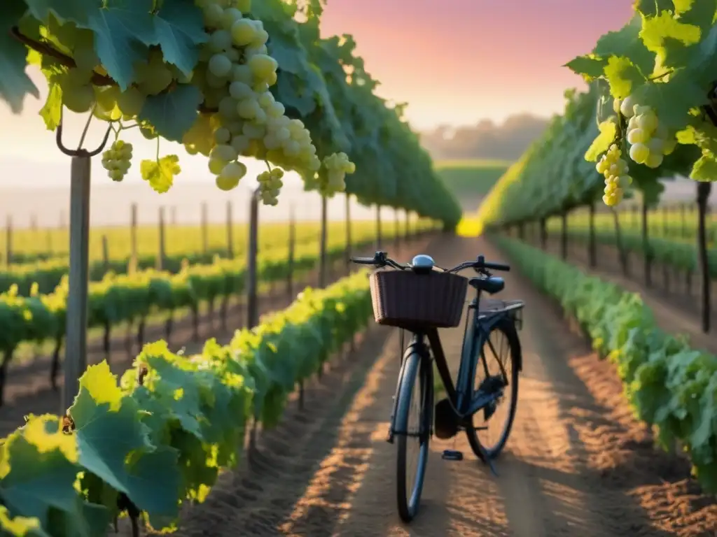 Paisaje sereno de viñedos orgánicos al amanecer con bicicleta en medio, armonía entre naturaleza, sostenibilidad y ciclismo