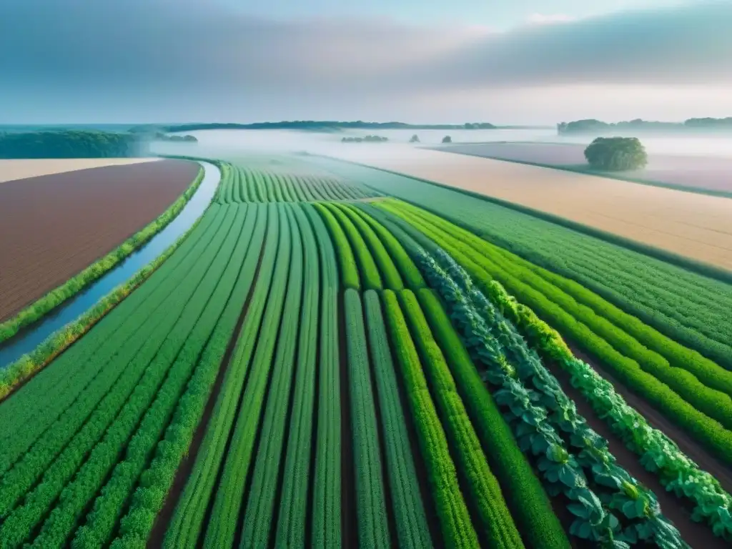 Paisaje agrícola sostenible: cultivos, río serpenteante y diversa fauna conviven en armonía