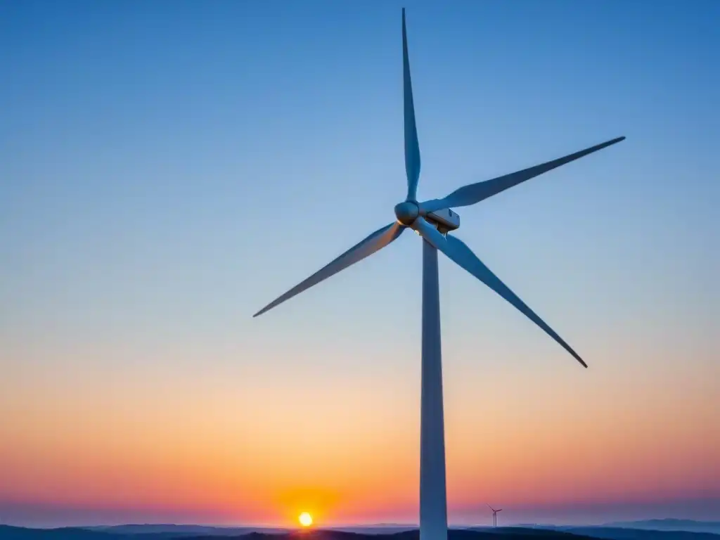 Un paisaje sostenible con una moderna turbina eólica girando al atardecer