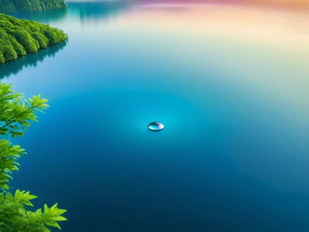 Paisaje tranquilo: lago azul, vegetación exuberante y gota de agua suspendida