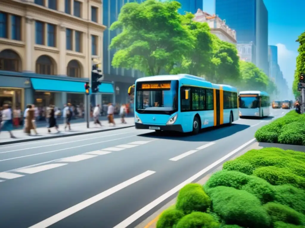 Un paisaje urbano armonioso con alternativas transporte sostenible zero waste: buses eléctricos, bicicletas y peatones entre vegetación y cielo azul