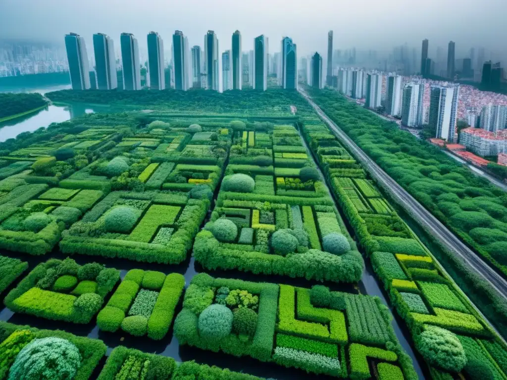 Un paisaje urbano bullicioso entrelazado con exuberante vegetación, simbolizando la coexistencia armoniosa de la infraestructura urbana y la biodiversidad