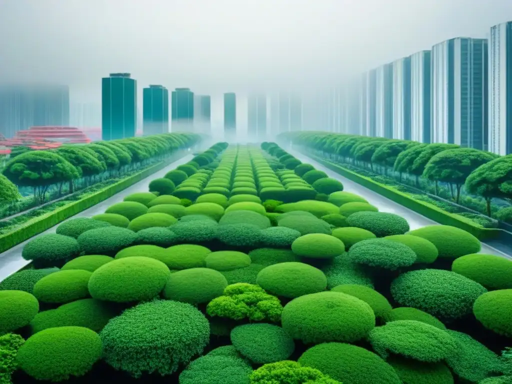 Un paisaje urbano bullicioso integrado con exuberante vegetación, simbolizando la renaturalización urbana contra el cambio climático