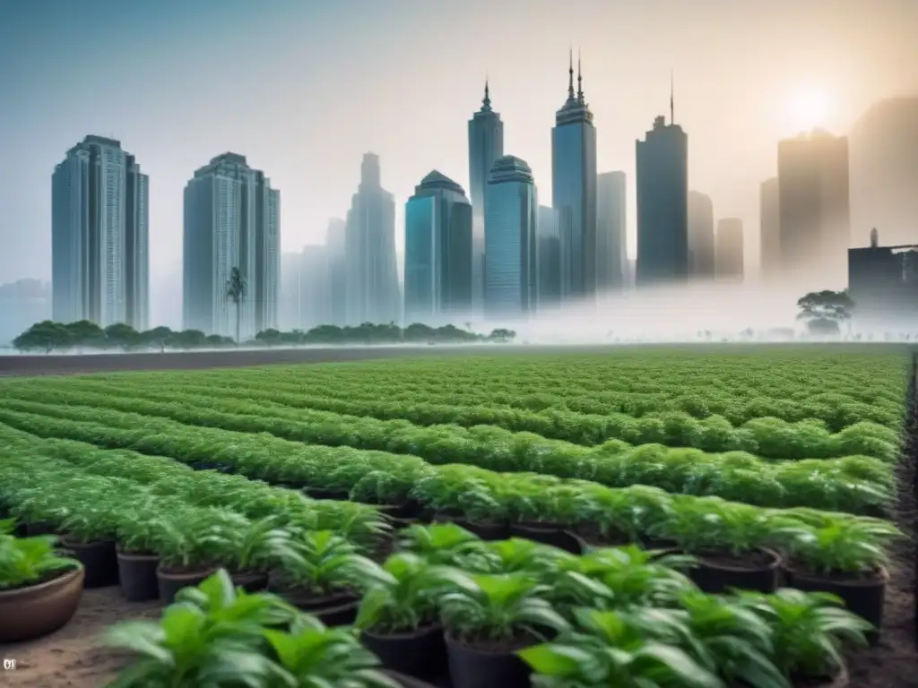 Un paisaje urbano bullicioso con rascacielos y árboles plantados por gente diversa