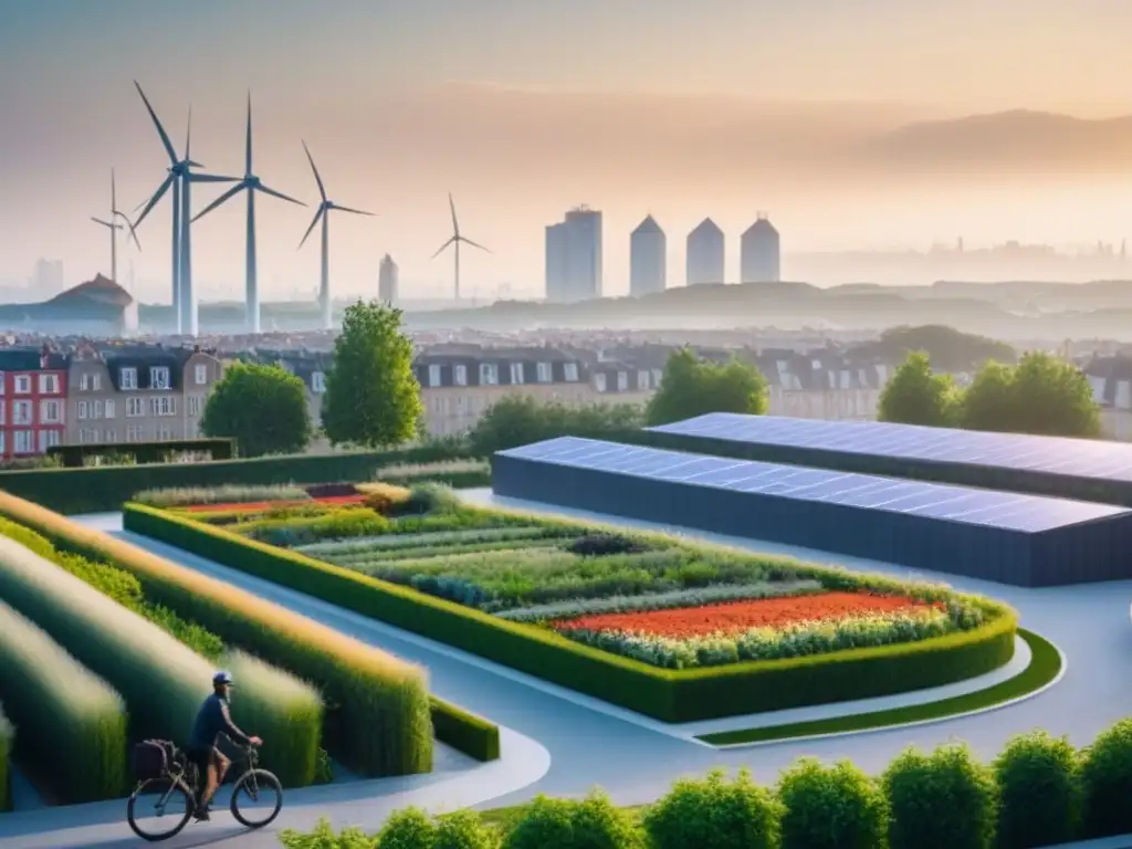 Arquitectura sostenible en ciudad europea al atardecer Un paisaje urbano europeo sostenible al atardecer, con moderna arquitectura verde y ciclistas en carriles exclusivos
