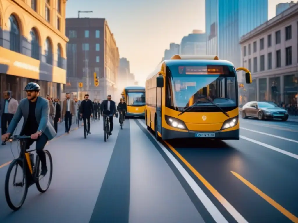 Un paisaje urbano futurista con buses eléctricos, bicicletas y peatones en armonía al atardecer