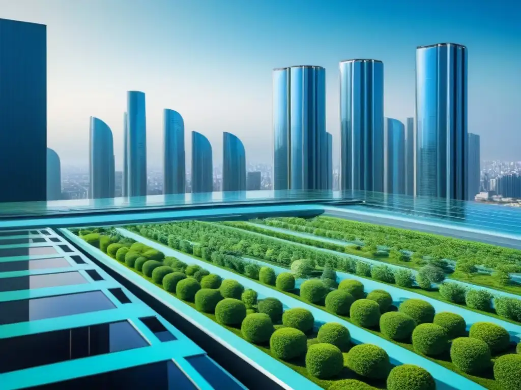 Un paisaje urbano futurista con edificios verdes interconectados, tecnología sostenible y big data