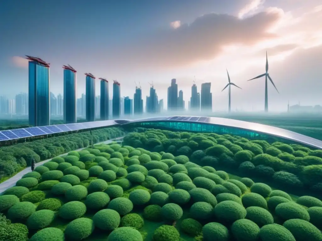 Un paisaje urbano futurista con elementos de tecnología para urbanismo verde, integrando naturaleza y tecnología en armonía