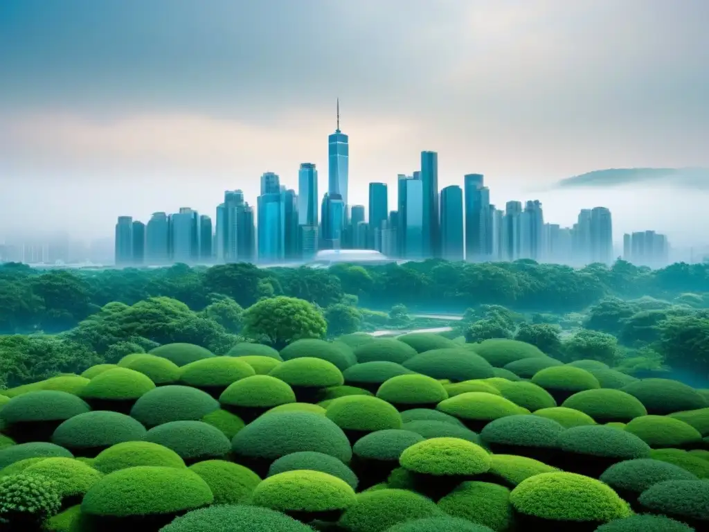 Un paisaje urbano futurista se fusiona con vegetación exuberante, simbolizando la coexistencia armoniosa de tecnología y naturaleza