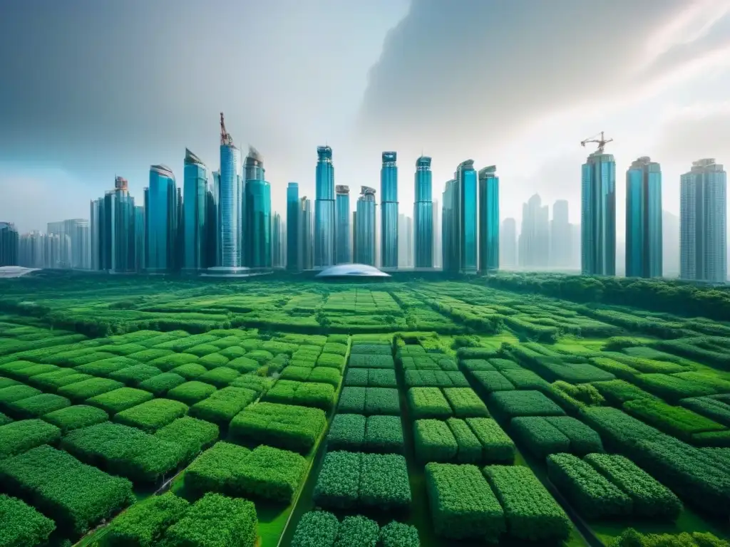 Un paisaje urbano futurista integrado con vegetación exuberante, simbolizando la tecnología para urbanismo verde