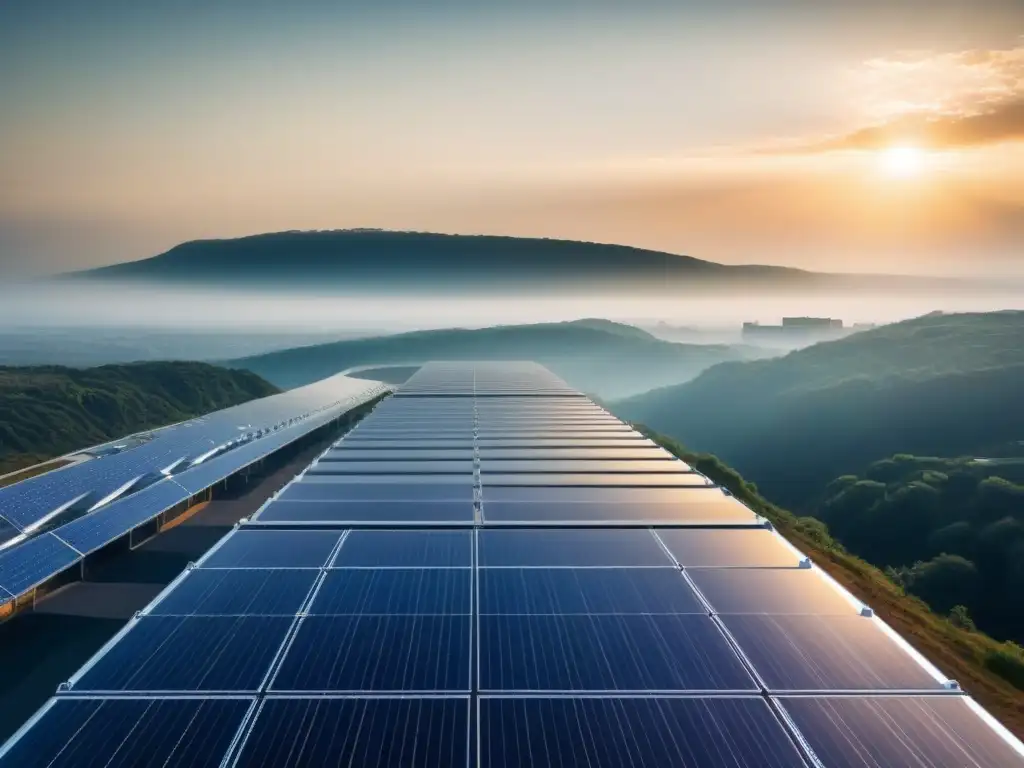 Un paisaje urbano futurista con paneles solares integrados, reflejando la energía sostenible