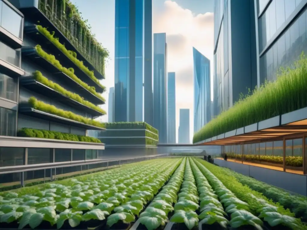 Un paisaje urbano futurista con rascacielos integrados con jardines verticales y sistemas agrícolas de alta tecnología