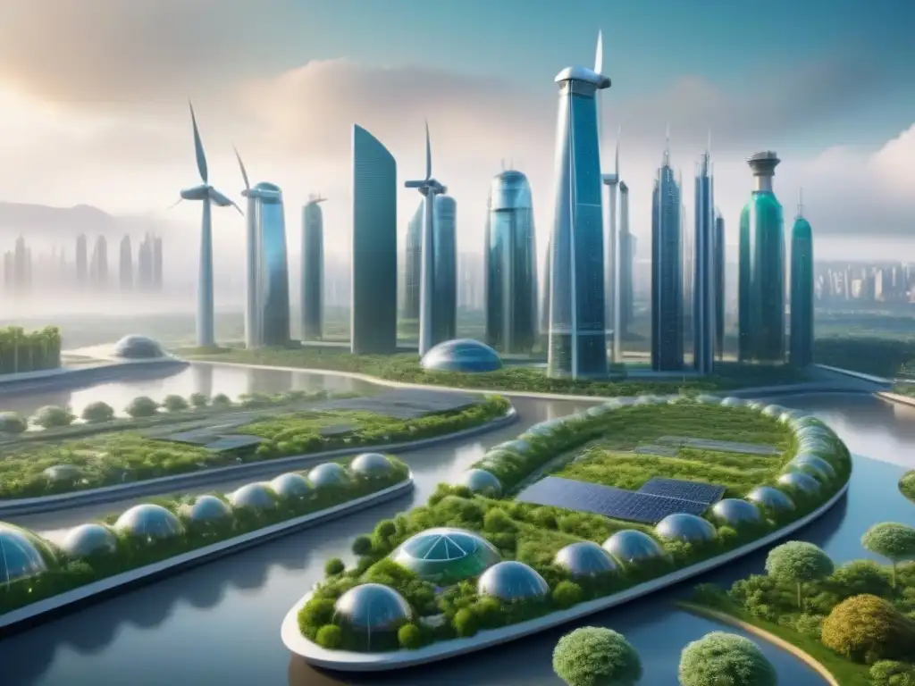 Un paisaje urbano futurista sostenible con rascacielos de materiales reciclados y energía renovable