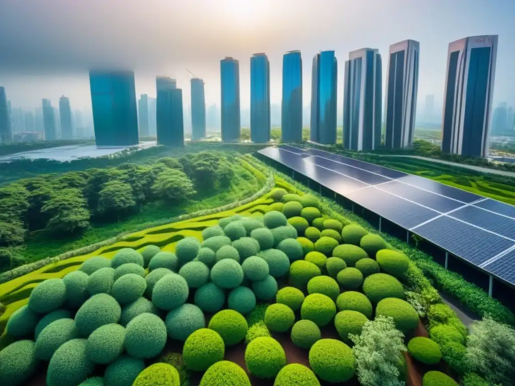 Un paisaje urbano moderno con arquitectura sostenible en ciudades: rascacielos verdes y paneles solares bajo el sol, rodeados de espacios verdes