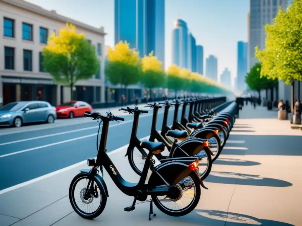 Un paisaje urbano moderno con bicicletas eléctricas en fila, promoviendo el estilo de vida sostenible en la ciudad