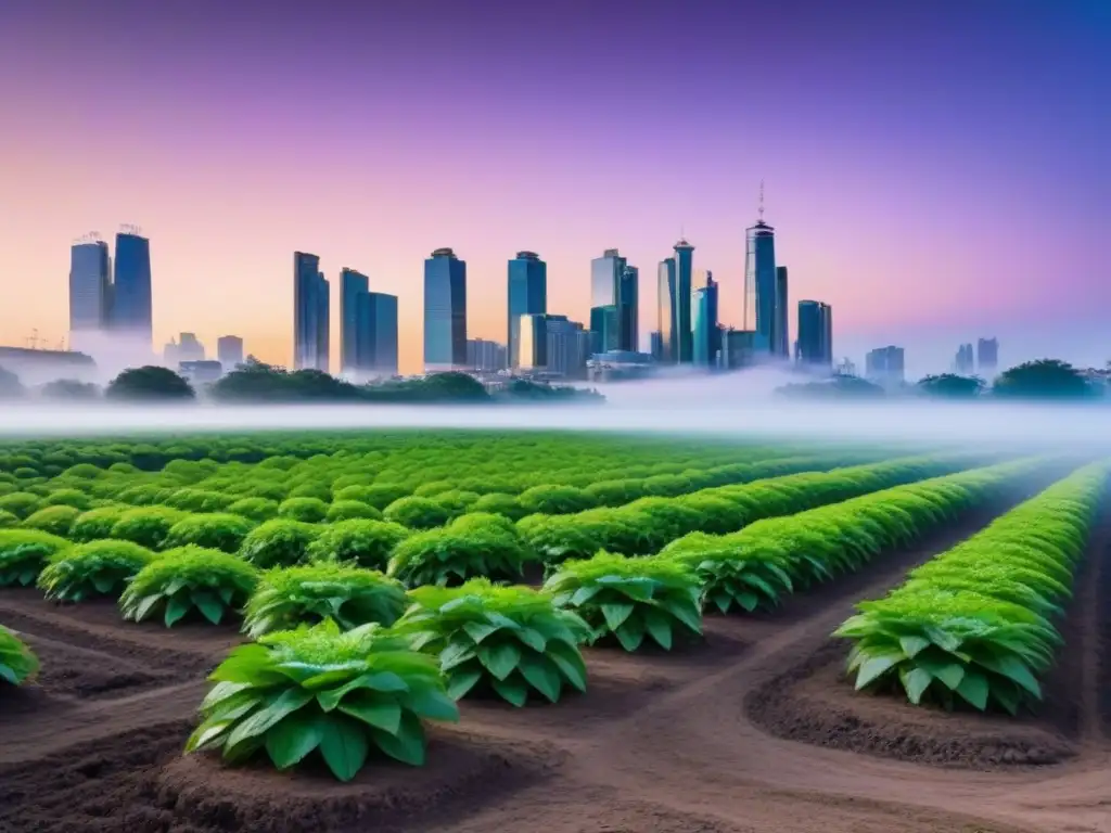 Un paisaje urbano moderno al anochecer con harmonía entre arquitectura, naturaleza y soluciones innovadoras residuos urbanos