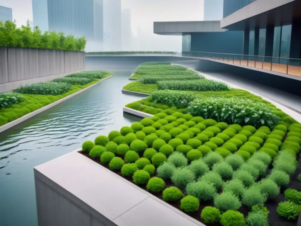 Un paisaje urbano moderno con infraestructura verde para la gestión de aguas pluviales en un equilibrio arquitectónico entre cemento y vegetación