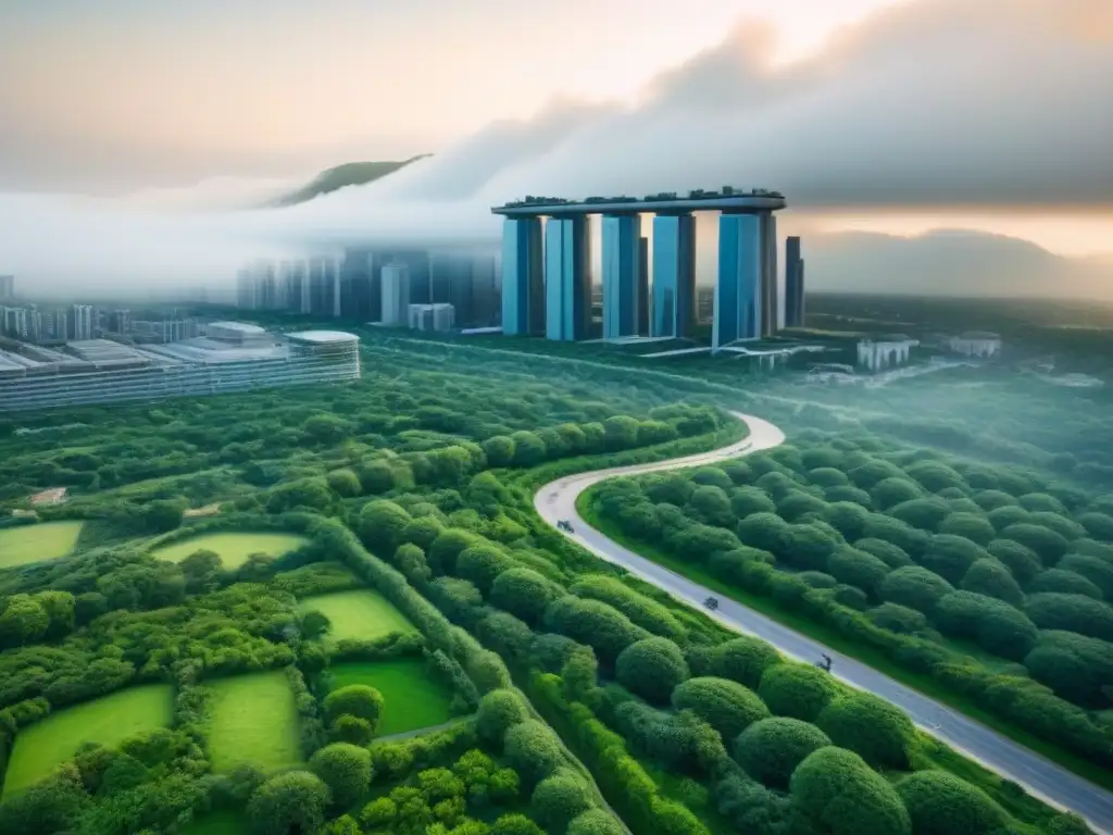 Un paisaje urbano moderno con parques verdes integrados, mostrando la armonía entre la naturaleza y el desarrollo urbano sostenible