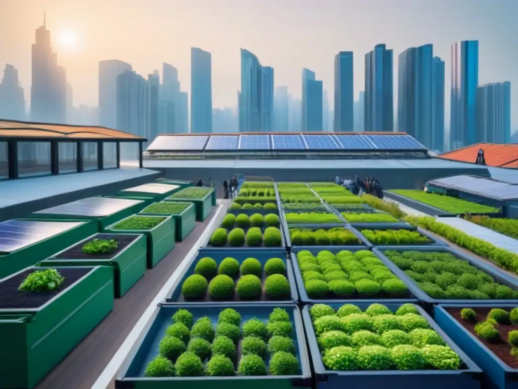 Metrópolis eco-sostenible: armonía entre naturaleza y tecnología Un paisaje urbano moderno con rascacielos equipados con jardines en la azotea y paneles solares, mostrando Soluciones Zero Waste en Ciudades