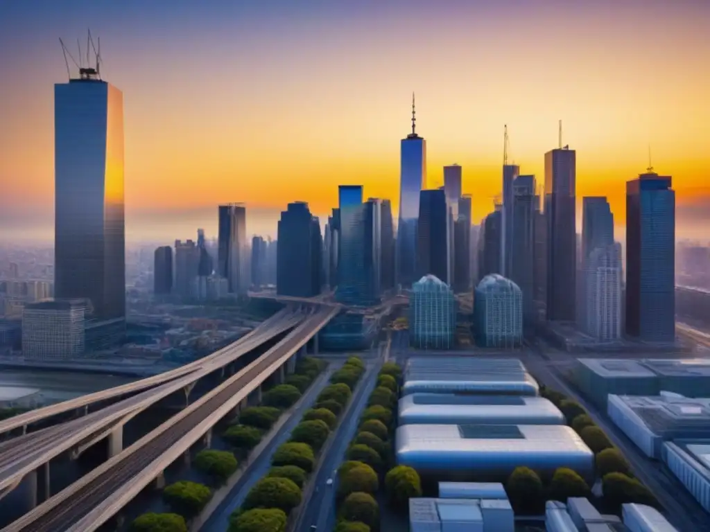 Un paisaje urbano moderno con rascacielos y sistemas de transporte público integrados en una ciudad sostenible al atardecer