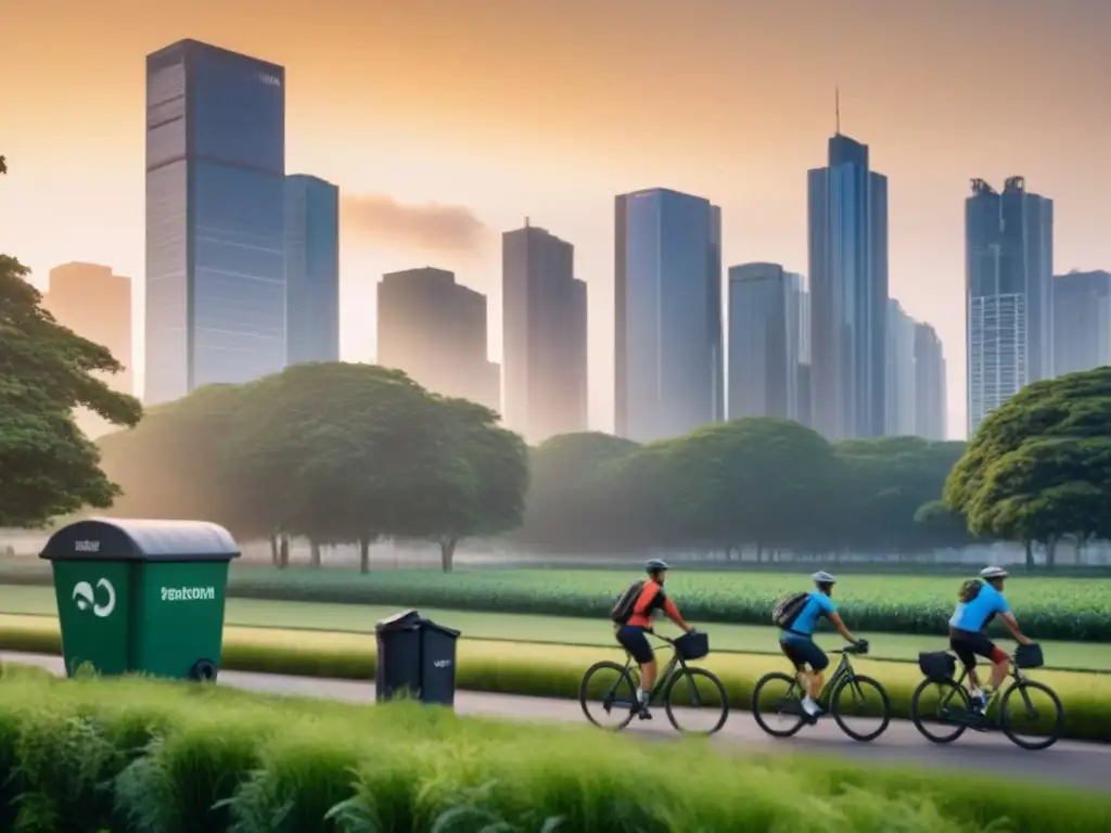 Cityscape eco-sostenible: armonía urbana y vida sustentable al atardecer Un paisaje urbano moderno y sostenible al atardecer, con rascacielos reflejando el sol