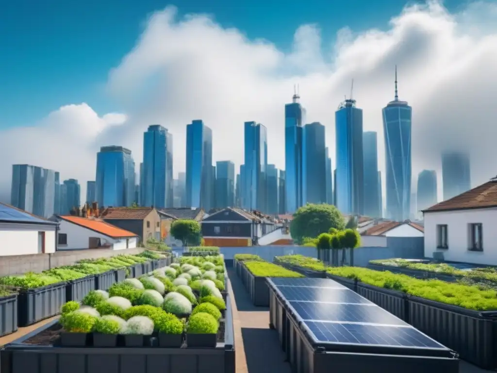 Un paisaje urbano sostenible con jardines en azoteas y paneles solares