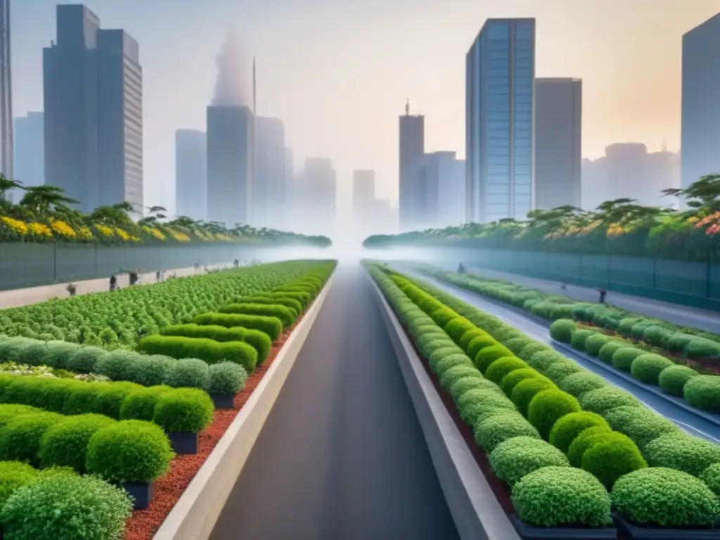 Un paisaje urbano verde y encantador con edificios sostenibles, jardines en azoteas y paneles solares, reflejando el urbanismo verde en pequeñas ciudades