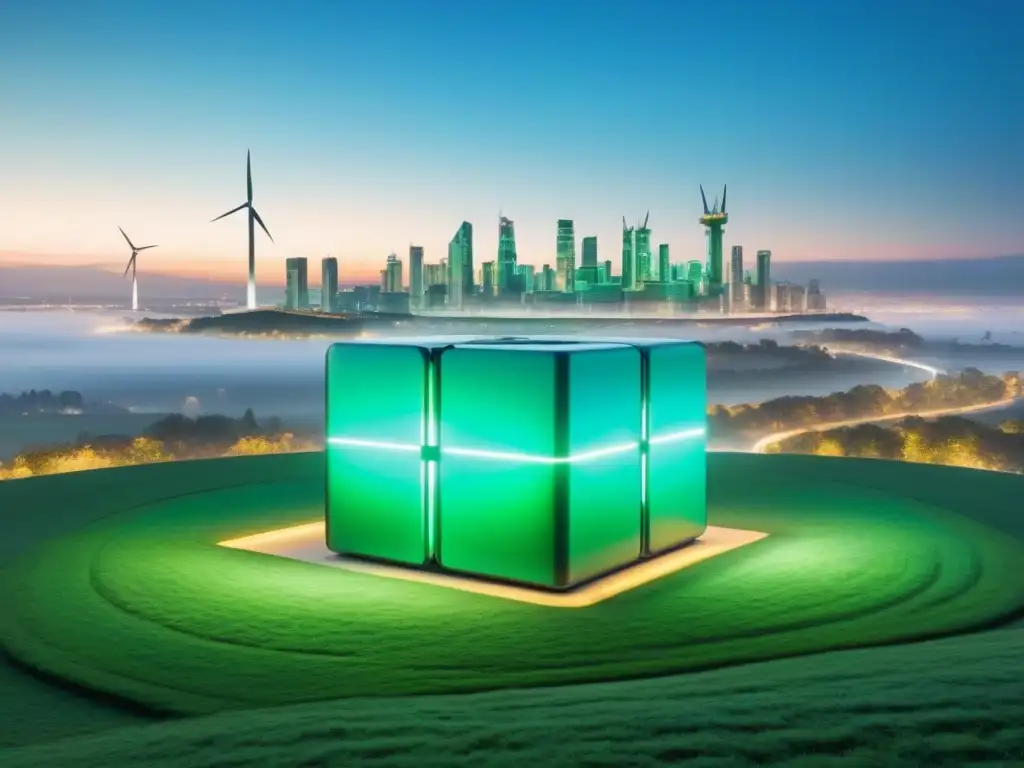 Un paisaje urbano verde con un sistema de almacenamiento de energía futurista, transmitiendo eficiencia y sostenibilidad