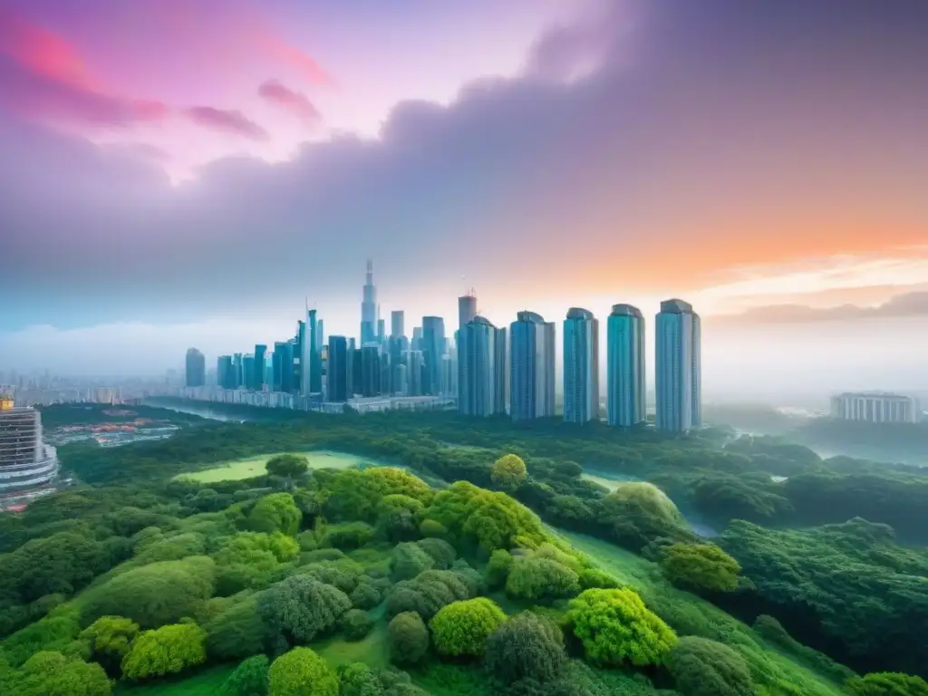 Un paisaje urbano vibrante al atardecer, con parques verdes entre edificios modernos