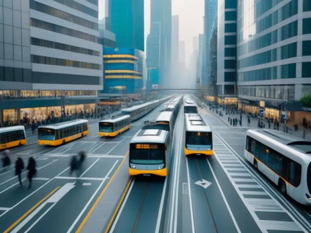 Un paisaje urbano vibrante desde arriba con redes de transporte público como autobuses y bicicletas moviéndose entre rascacielos modernos