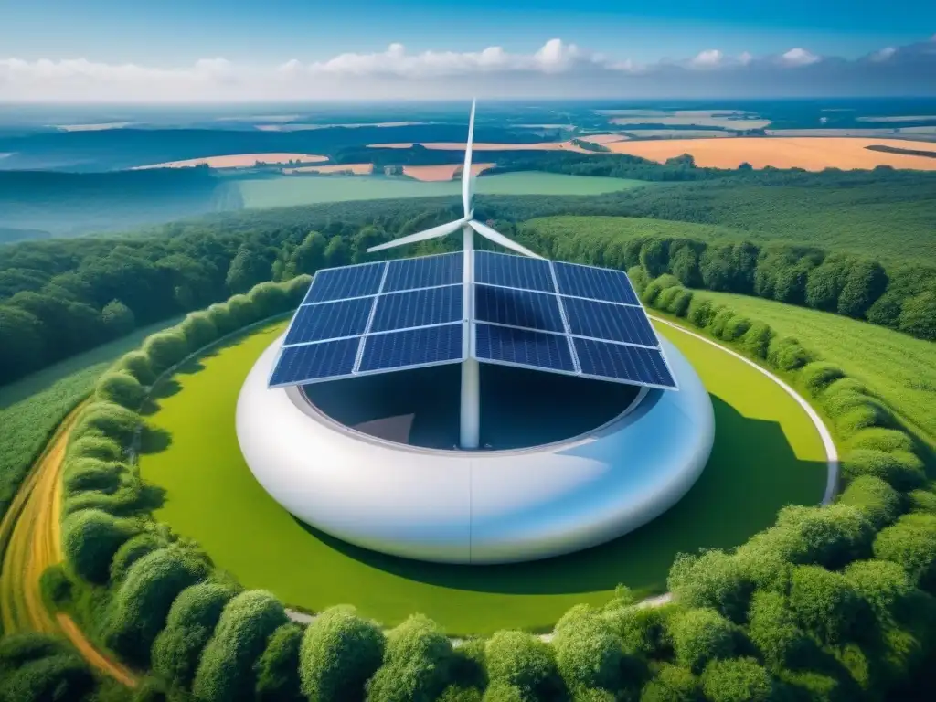 Centro de energía futurista en paisaje verde Un paisaje verde exuberante con una instalación de almacenamiento de energía sostenible futurista y tecnológica
